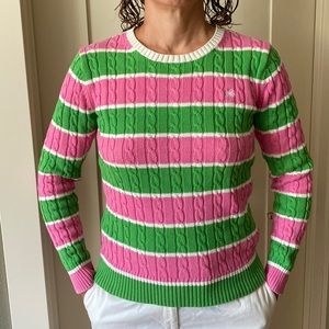 Lilly Pulitzer Pink & Green Striped Cable-Knit Crewneck Sweater